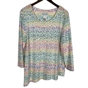 Alfred Dunner Rainbow Animal Print‎ Knit Top Asymmetrical Hem XL 3/4 Sleeve